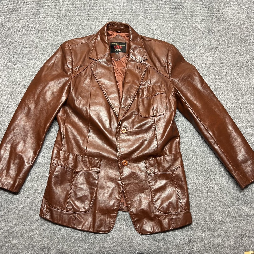 VTG Fantastic International Blazer Mens 42 Brown Leather Two Button Sport Coat